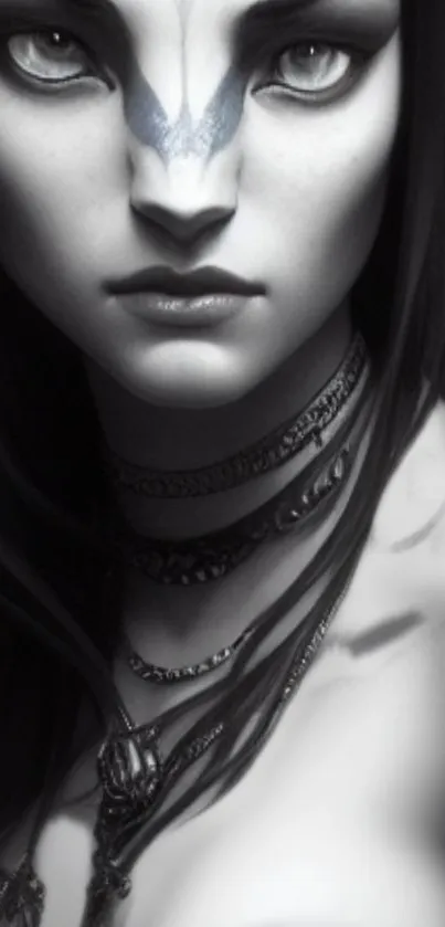 Monochrome mystical female portrait with jewelry and dark hair in grayscale tones.