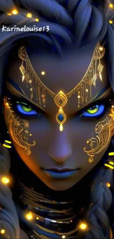 Mystical woman with blue eyes and gold adornments.