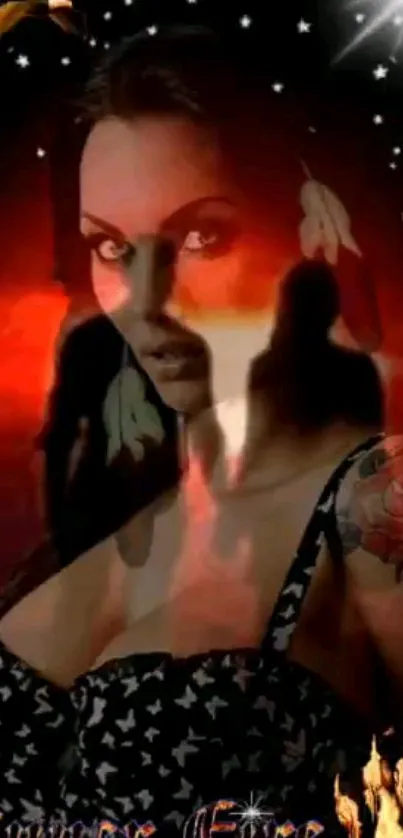 Mystical woman with red aura and tattoo, set against a starry background.