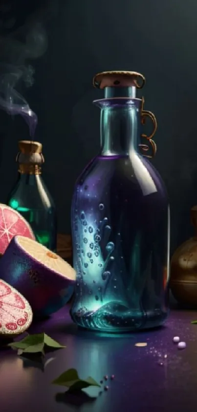 Mystical potion bottle glows with vibrant fruits and magical aura.