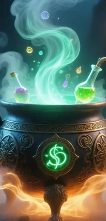 Magical cauldron with glowing potions and swirling mist.