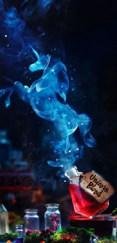 Fantasy wallpaper with potion and blue smoke on dark background.