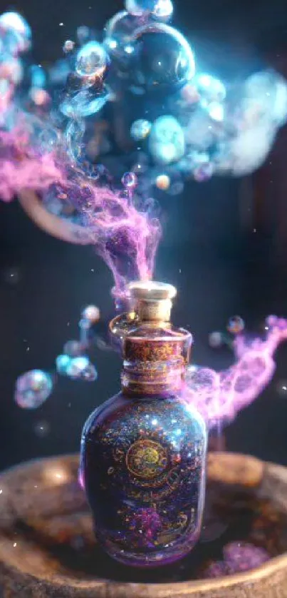 Mystical potion bottle with vibrant smoke and bubbles in a fantasy style.