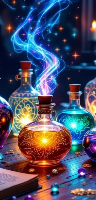 Colorful glowing potion vials in a mystical setting.