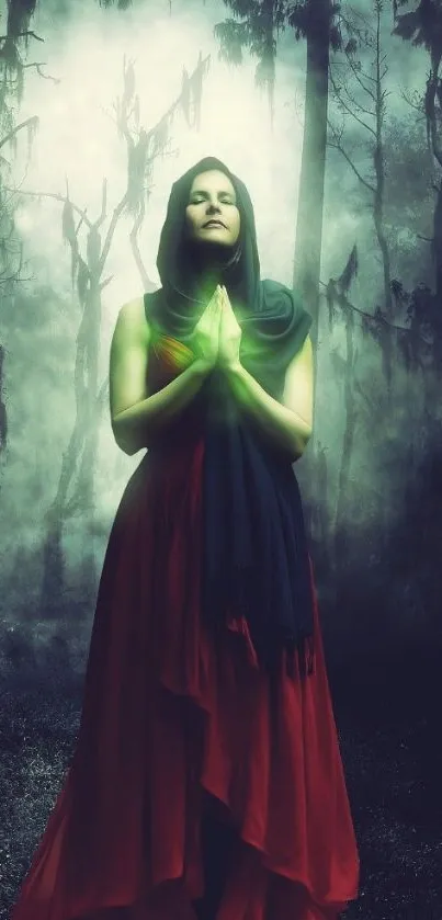 Praying figure in mystical forest wallpaper, exuding peace and faith.