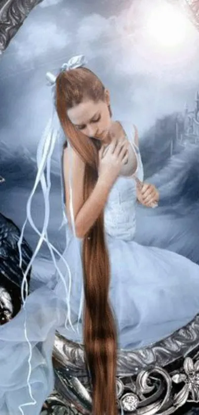 Mystical princess in a mirror with flowing hair and a dreamy, magical background.