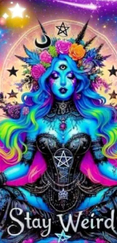 Vibrant cosmic fantasy blue goddess with mystical symbols.