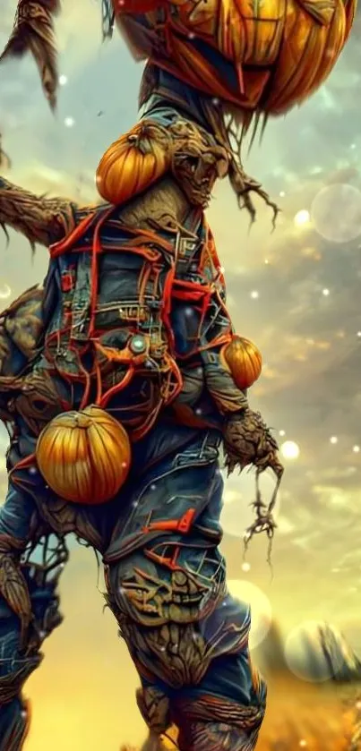 Fantasy pumpkin creature with glowing autumn background.