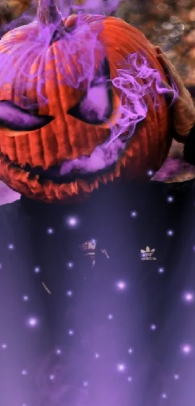 Mystical pumpkin with purple smoke and glow for Halloween wallpaper.