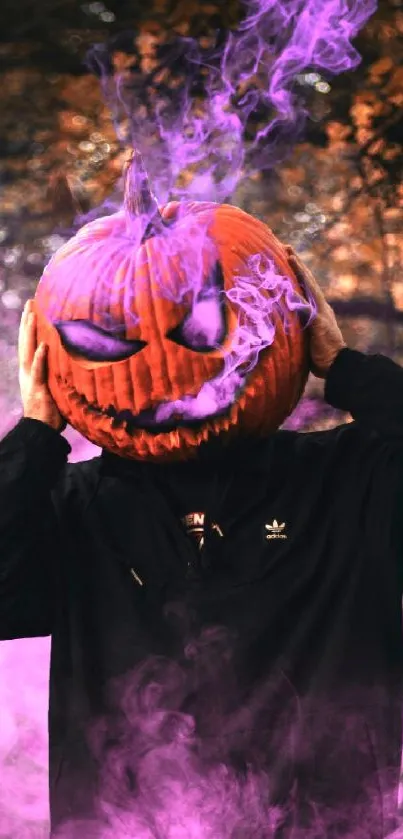 Spooky pumpkin head with purple smoke in a mystical forest setting.