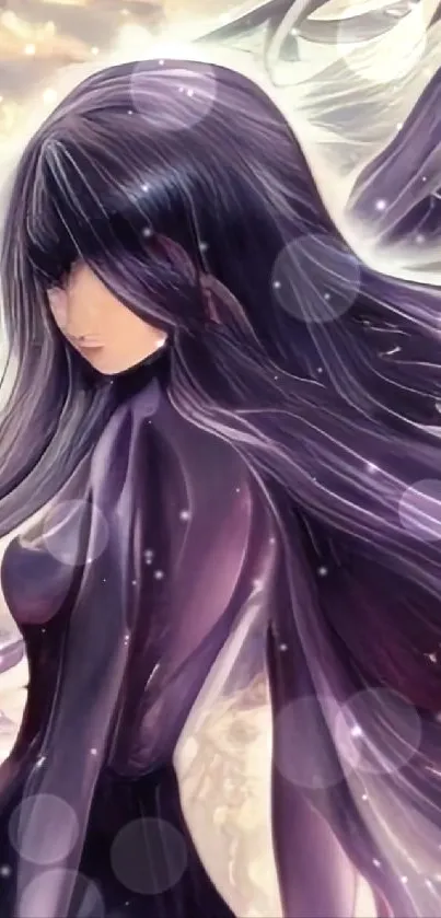 Anime character with purple hair and mystical background.