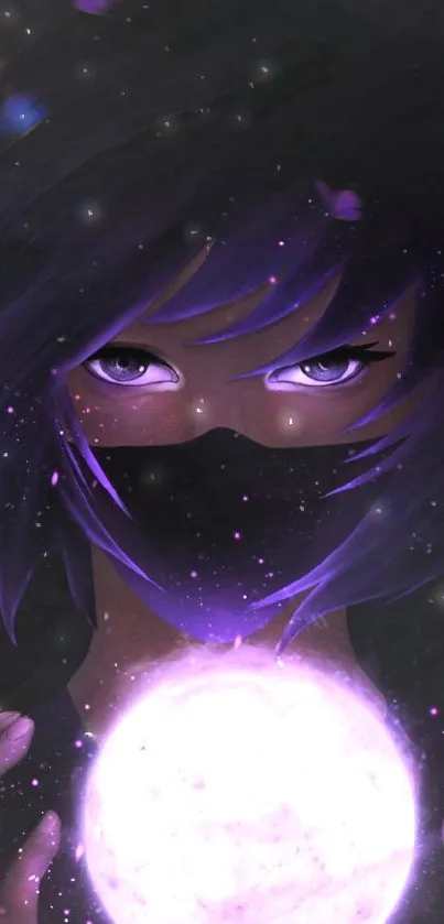 Anime girl holding glowing orb with purple hues.