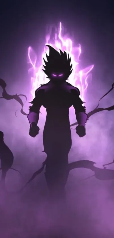 Purple silhouette of anime character with electric aura on mobile wallpaper.