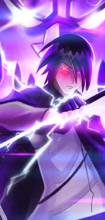 Mystical anime character with purple light and sword.