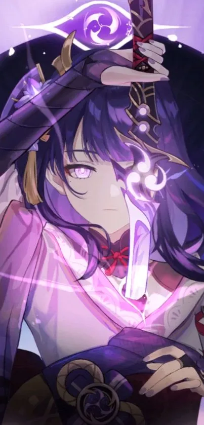 Anime character with purple hair brandishing a glowing sword on a mystical wallpaper.