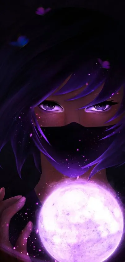 Anime character with purple hair, holding a glowing orb.