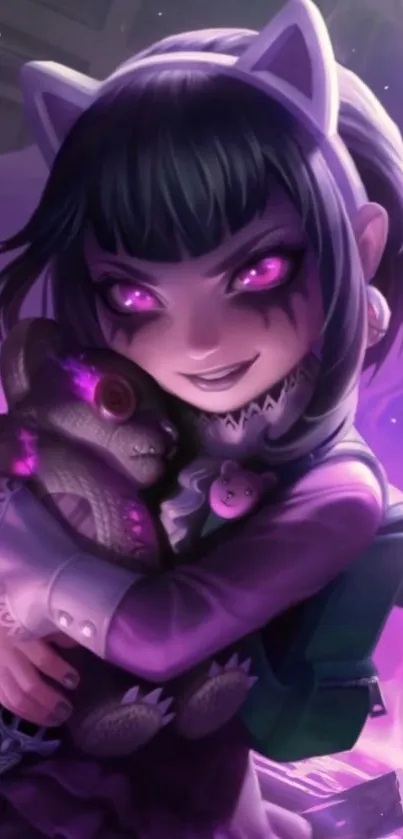 Anime character with mystical purple glow holding a plush toy.