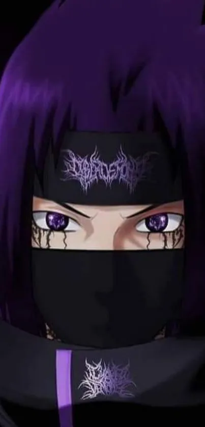 Anime character with purple eyes and dark attire in a mystical wallpaper.