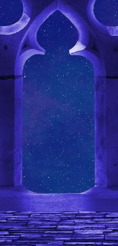 Purple gothic archway with starry night sky.