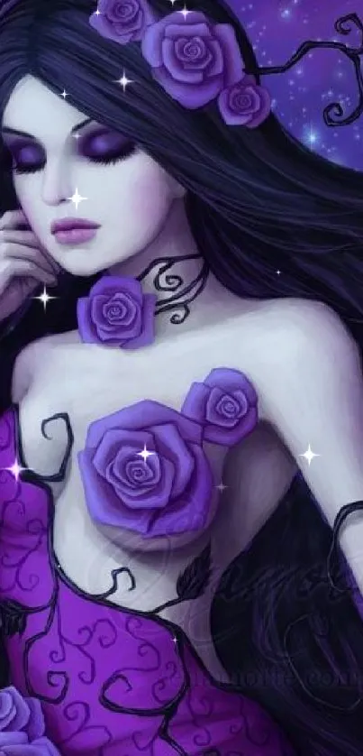 Mystical woman in purple with roses, fantasy art wallpaper.