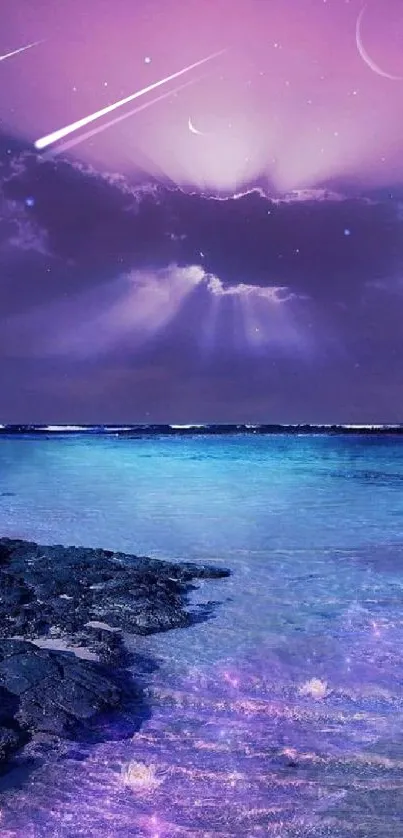 A mystical purple beach at sunset with serene waves and cosmic skies.