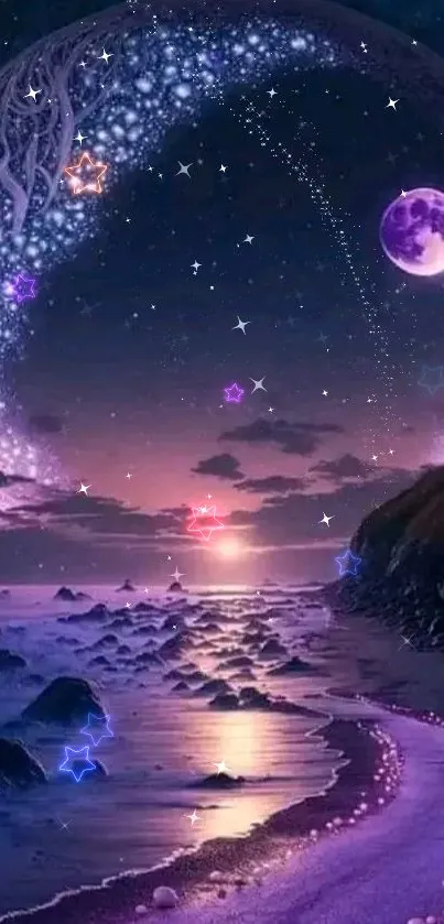 Mystical purple beach with glowing moon and celestial sky wallpaper.