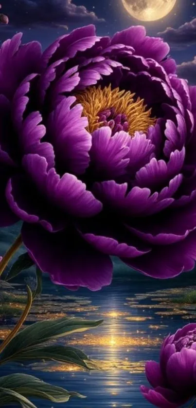 Beautiful purple flower under a moonlit night sky reflected in calm water.