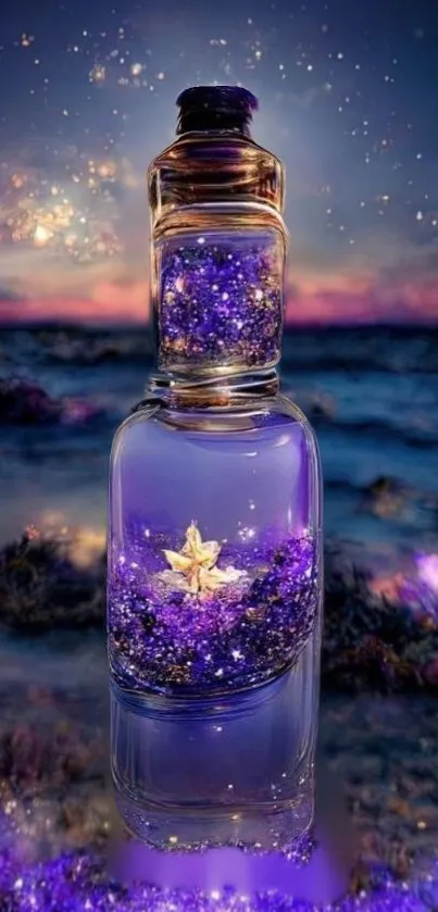 A purple bottle with a mystical, glowing design on the ocean shore at night.