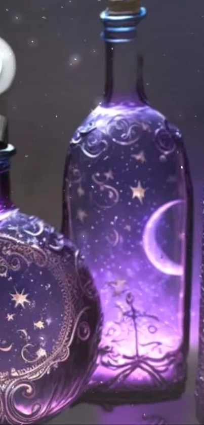 Intricate purple bottles filled with starry night and crescent moons.