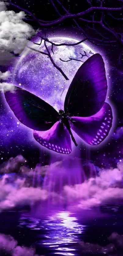 Purple butterfly under a night sky with moonlight reflections.