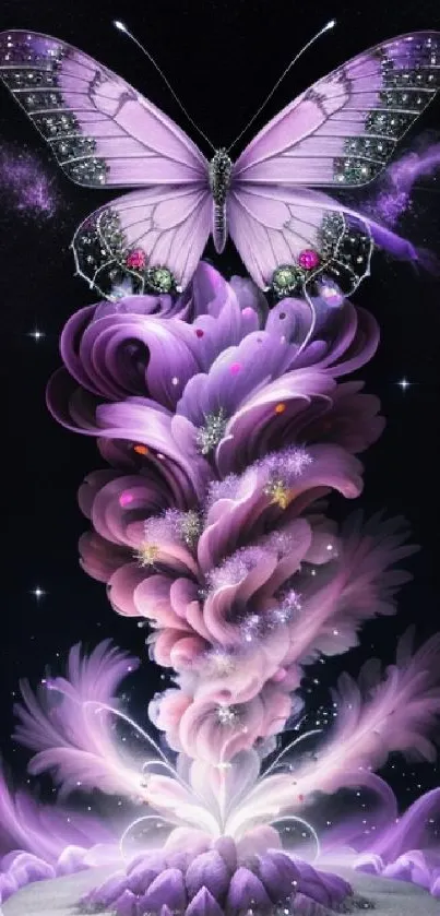 Mystical purple butterfly and swirling cosmic design on black background.