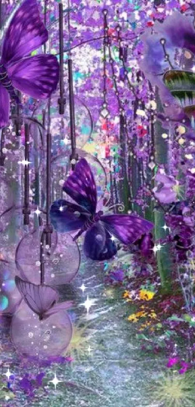 Purple butterfly forest wallpaper with mystical flair.