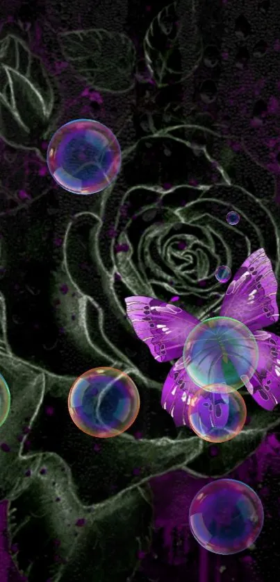 Mystical purple butterfly with bubbles and dark floral background.