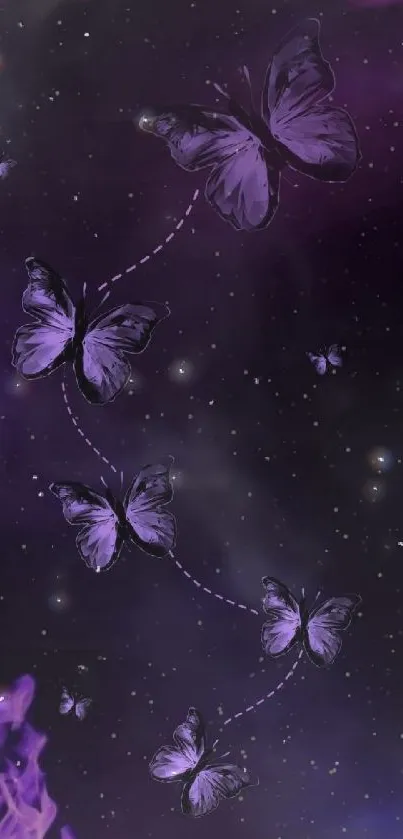 Purple butterflies on a cosmic night sky wallpaper.