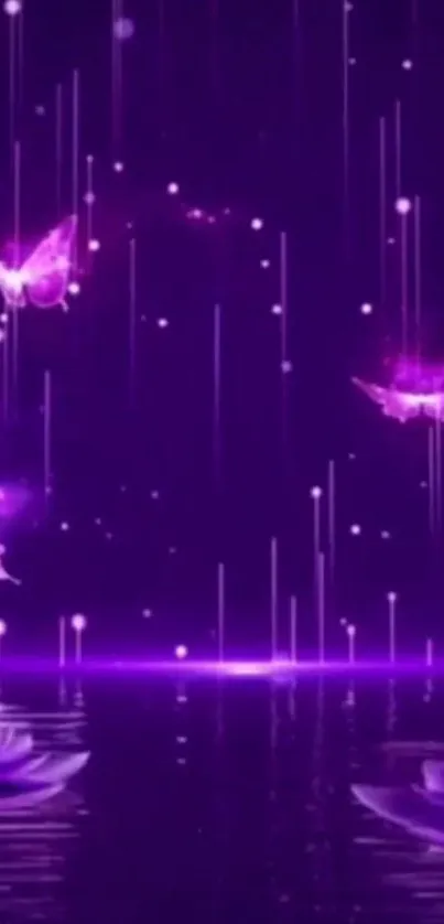 Mystical purple wallpaper with glowing butterflies and lotus flowers.