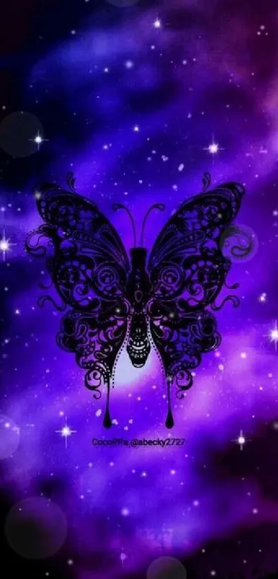 Intricate black butterfly on purple cosmic background.