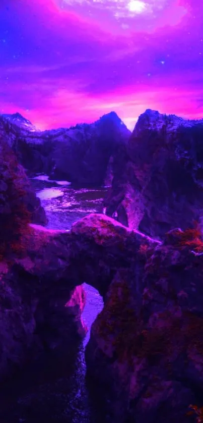 Mystical purple canyon landscape wallpaper with vivid colors.