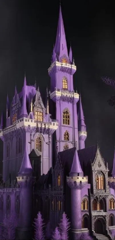 Mystical purple castle with gothic architecture on a dark background.