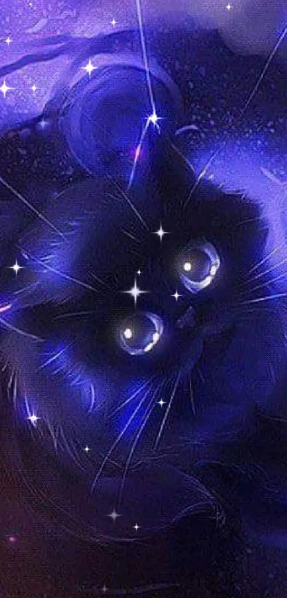 Mystical purple cat with glowing eyes on a dark background.