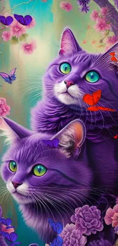 Purple cats in a mystical, floral fantasy scene.