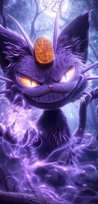 Mystical purple cat in enchanted forest.