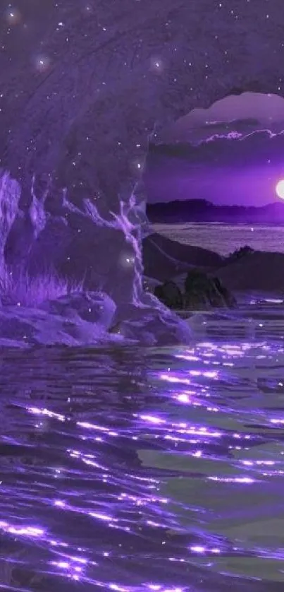 Mystical cave with purple hues and moonlight reflecting on water.