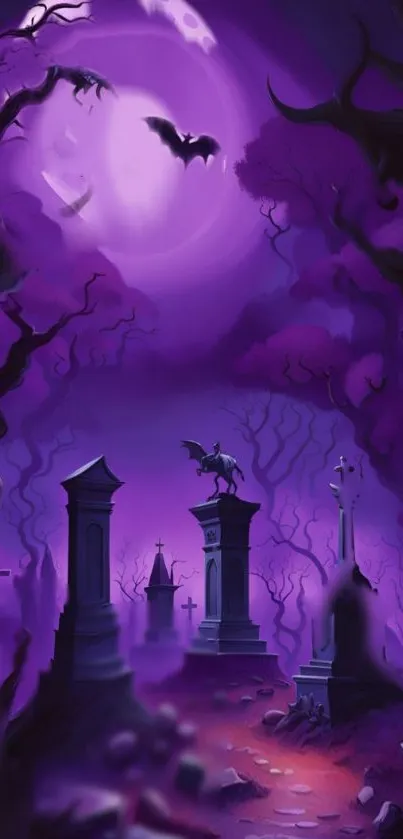 Purple cemetery scene with eerie moonlit sky.