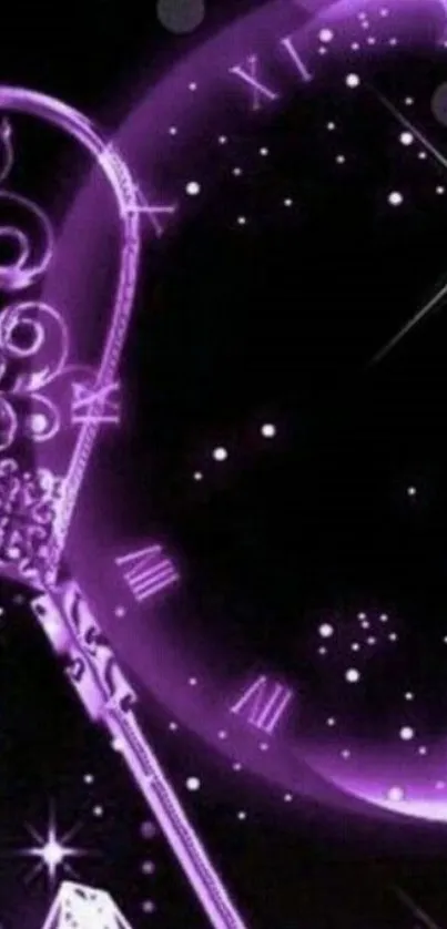 Elegant purple clock with stars wallpaper for mobile phones.