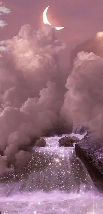 Mystical purple cloudscape with crescent moon and sparkling stream.