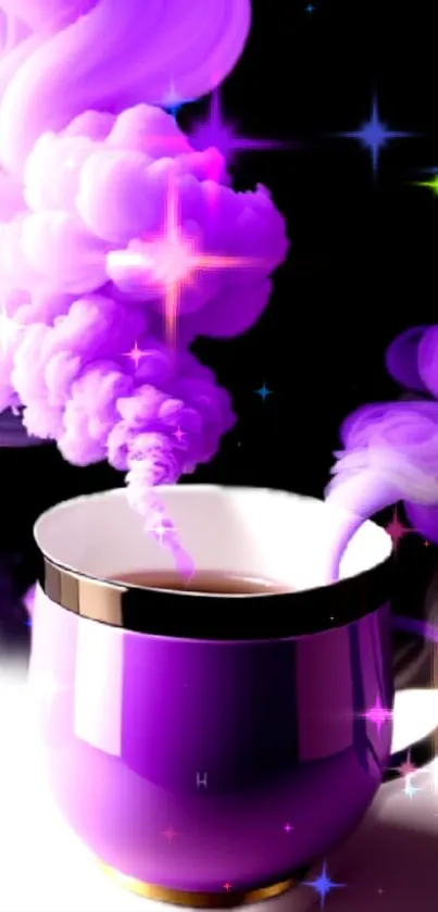 Mystical purple coffee cup with swirling smoke art.