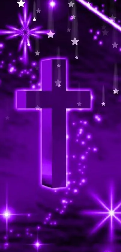 Purple cross with glowing stars and mystical design wallpaper.