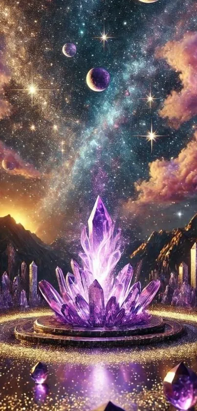 Mystical purple crystal with galaxy backdrop.