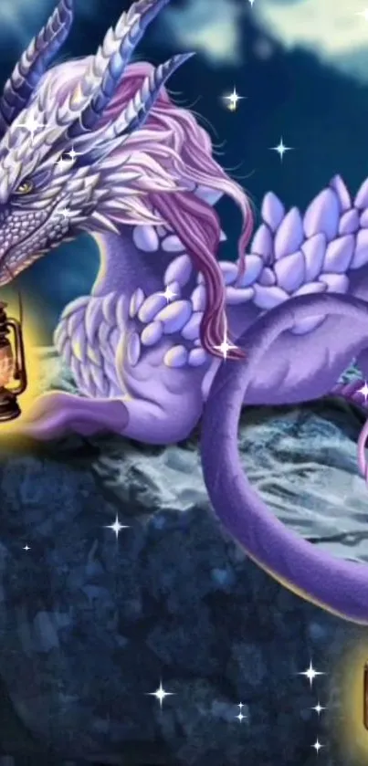 Purple dragon art with lanterns and stars on a night sky background.