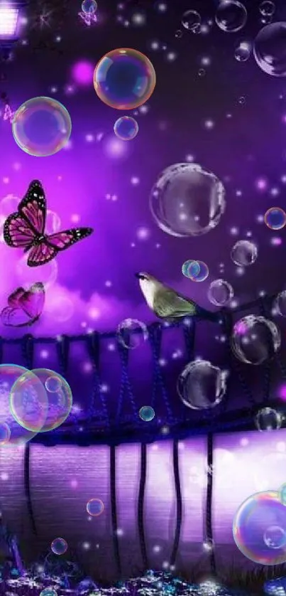 Mystical purple dreamscape with butterflies and glowing lights.